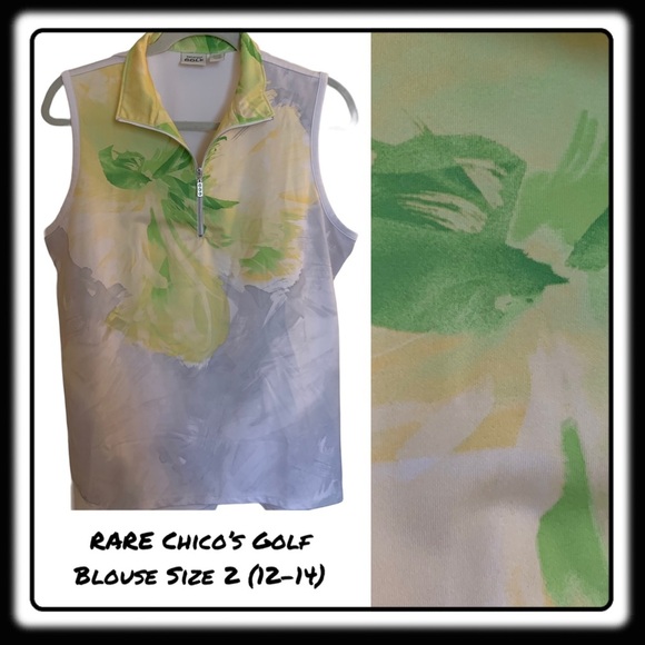 Chico’s RARE yellow, green, grey, white golf blouse lightweight sz 2 (12-14) - Picture 1 of 7